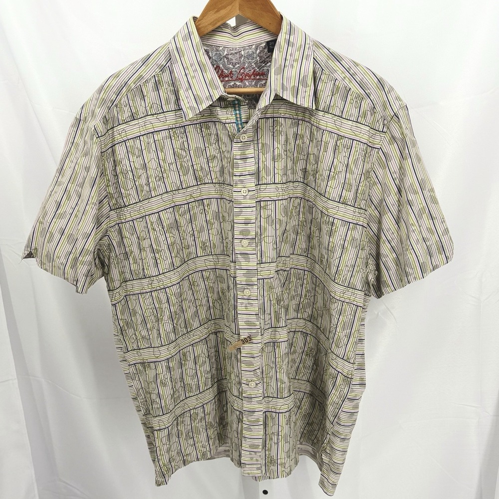 ROBERT GRAHAM MENS SHORT SLEEVE  Geometric Print Embroidered Button Up Shirt 2XL